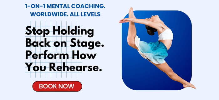 Advertisement for 1-on-1 mental coaching for performers; text says: Stop Holding Back on Stage. Perform How You Rehearse. Book Now with a dancer jumping on the right.